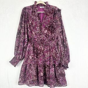 Avara Floral Dress Size XL Lurex Metallic Ruffle Tie Neck Tiered Boho Cottage